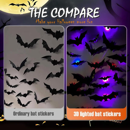 12-Pack 3D LED Bat Halloween Wall Decor, Light-Up Stickers for Indoor Party Decor