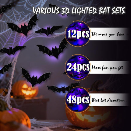 12-Pack 3D LED Bat Halloween Wall Decor, Light-Up Stickers for Indoor Party Decor