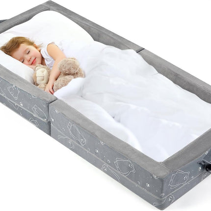 Portable Toddler Travel Bed Foldable Foam Mattress, Safety Rails and Washable Grey Cover