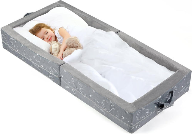 Portable Toddler Travel Bed Foldable Foam Mattress, Safety Rails and Washable Grey Cover