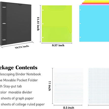 3-Ring Binder Notebook – Telescoping, Refillable, Graph & College Paper
