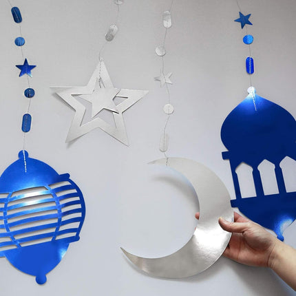 16PCS Silver Blue Ramadan Decorations: Star, Moon Lantern Garland & Eid Mubarak
