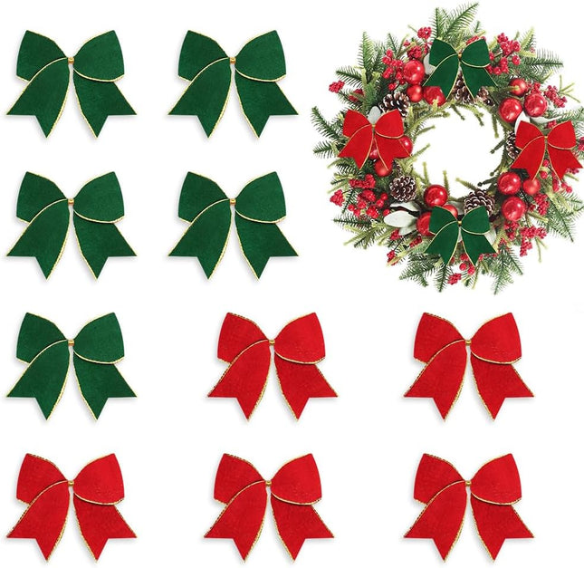 10PCS Red/Green Christmas Wreath Bows | Indoor & Outdoor Holiday Decor