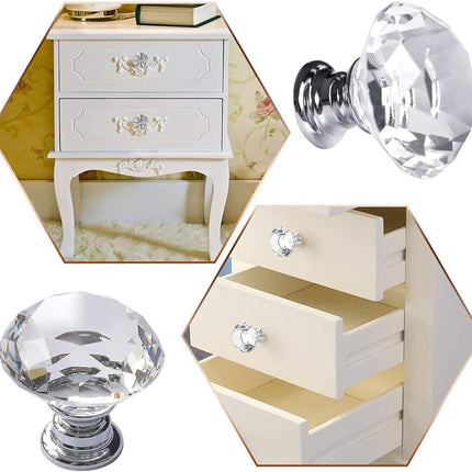 6Pcs Crystal Glass Cabinet Knobs 30mm Diamond Drawer Pull Handles Clear