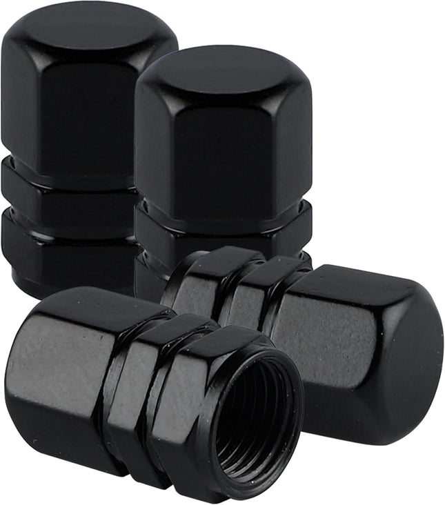 Aluminum Tire Valve Stem Caps 4PCS Black, Hexagon Wheel Dustproof Covers