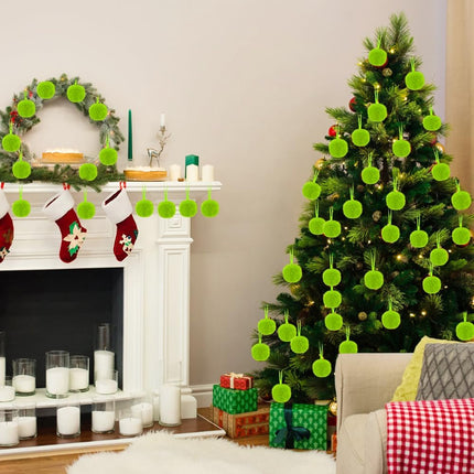 12pcs Lime Green Furry Ornaments – Faux Fur Pom Pom Balls for Christmas Décor
