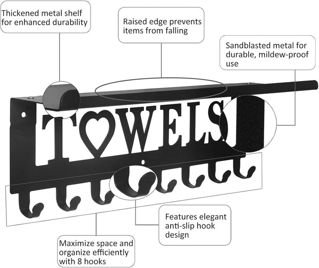 Towel Rack with Shelf & 8 Hooks – Wall Mounted Metal Organizer for Bathroom & Bedroom