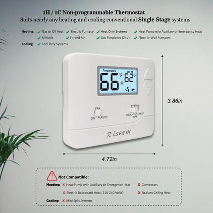 Digital Non-Programmable Thermostat for 1 Heat/1 Cool Systems, Energy-Saving