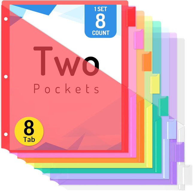 8-Tab Dividers with Pockets – 1 Set for 3-Ring Binders, Multicolor