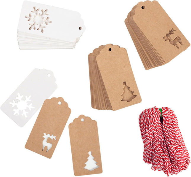 150PCS Christmas Gift Tags – Kraft Paper with 20M Red & White String