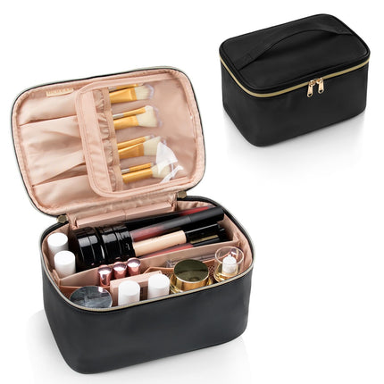 Large Makeup Bag, Portable Cosmetic Travel Case with Handle & Divider, Black