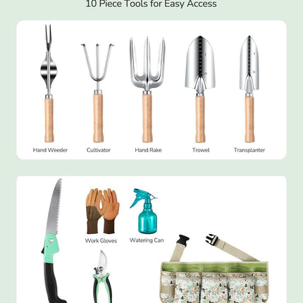10-Piece Stainless Steel Garden Tools Set with Wooden Handles & Pruners