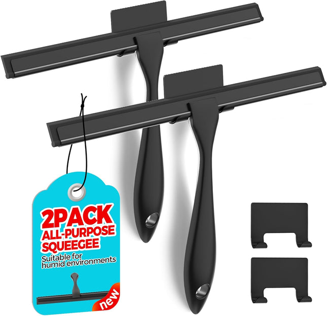 2-Pack 12-Inch Shower Squeegee – Stainless Steel Black for Glass, Windows, & Tile Walls