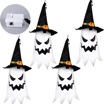 4-Piece Glowing Halloween Ghost & Witch Hat Hanging Decor for Yard, Tree & Garden