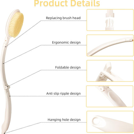 19" Long Handle 3-in-1 Shower Brush, Body Scrubber, Bath Sponge & Lotion Applicator