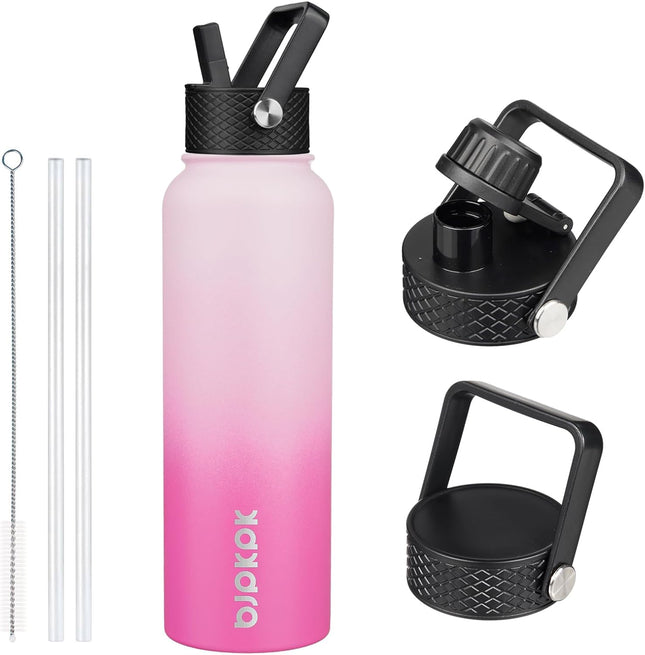 40oz Stainless Steel Insulated Water Bottle w/ 3 Lids Sakura BPA Free Flask