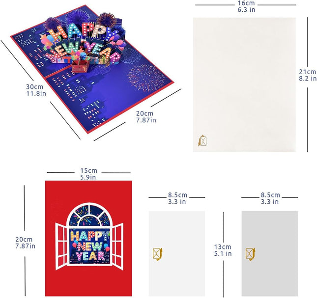 New Year Pop-Up Greeting Card – 3D Colorful Holiday Card with Envelope