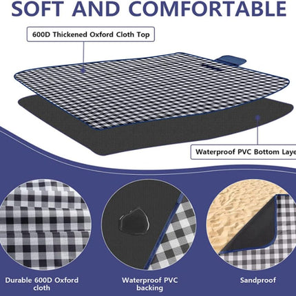 Large Waterproof Picnic Blanket 80 × 60 Inch, Sandproof Foldable Beach Mat, Dark Blue