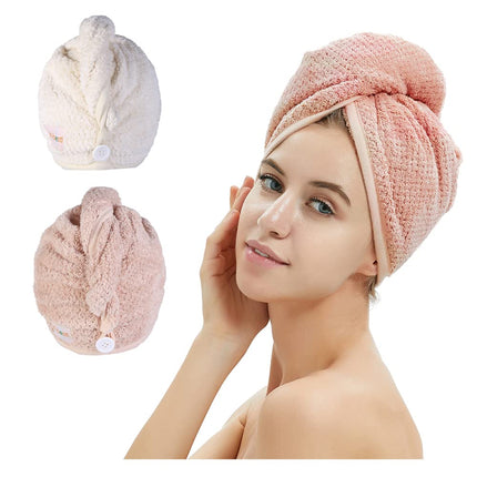 2 Pack Microfiber Hair Towel Wrap Quick Dry Turban with Button Pink Beige