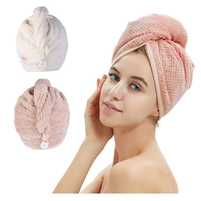 2 Pack Microfiber Hair Towel Wrap Quick Dry Turban with Button Pink Beige