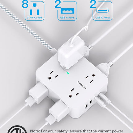 8-Outlet Surge Protector Power Strip, 4 USB Ports (2 USB-C), 5Ft Extension Cord