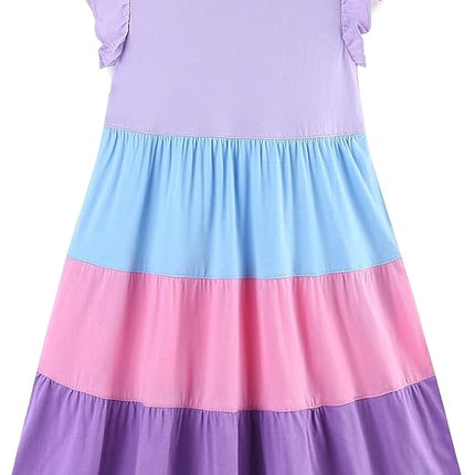 Girls Cotton Ruffle Sleeve Midi Dress A Line Tiered Casual Sundress Size 6-7 Years