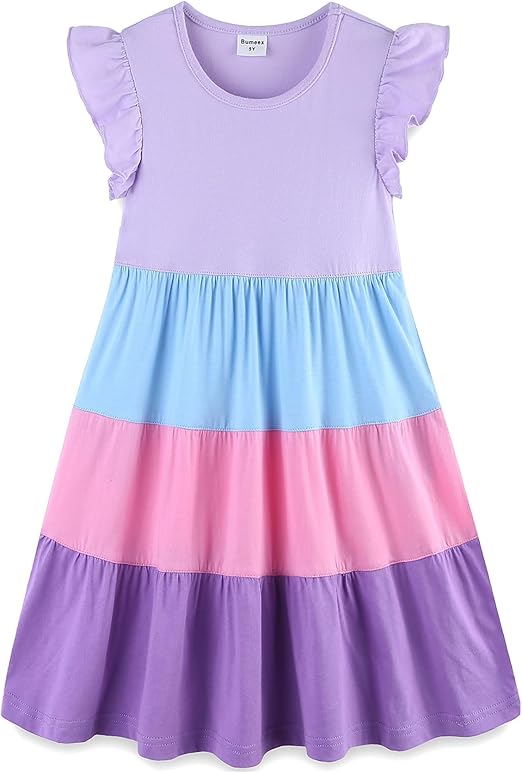 Girls Cotton Ruffle Sleeve Midi Dress A Line Tiered Casual Sundress Size 6-7 Years