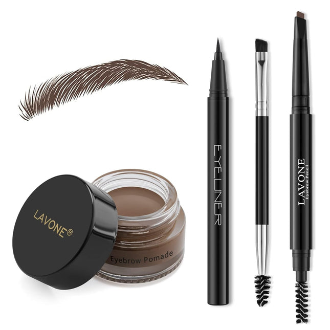Makeup Kit – Eyebrow Stamp, Waterproof Pencil & Pomade, Eyeliner, Dark Brown