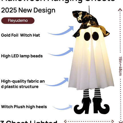 3-Pack 19in Light-Up Hanging Ghosts with Witch Hats, Halloween Yard & Patio Decor