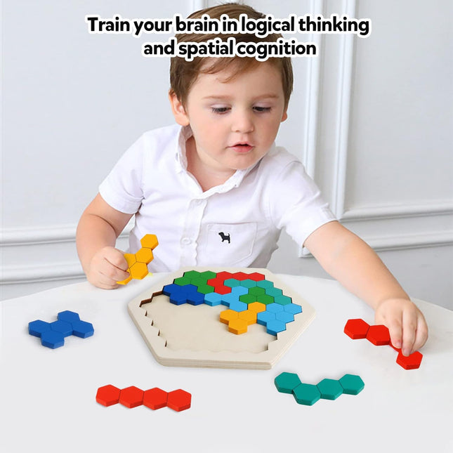 Wooden Hexagon Puzzle – STEM Tangram Brain Teaser for Kids & Adults
