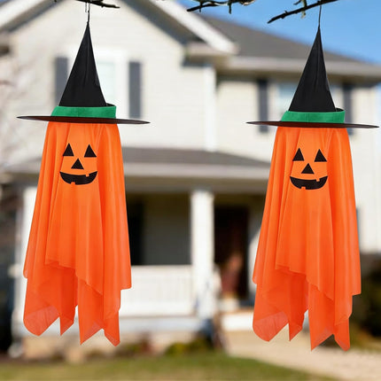 2-Pack Hanging Halloween Pumpkin Decorations, Witch Hat Ornaments for Yard & Garden