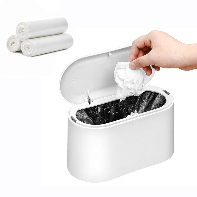 Mini Trash Can with Lid – Small Desk & Countertop Garbage Can, White, 3 Bags