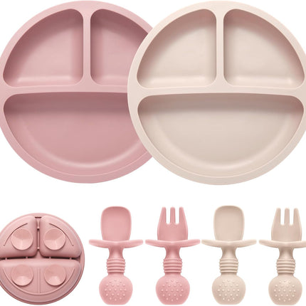 2-Pack Divided Toddler Plates with Suction, Silicone Feeding Set with Utensils, BPA-Free