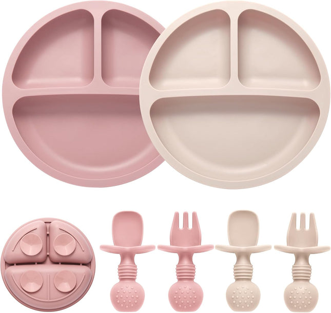 2-Pack Divided Toddler Plates with Suction, Silicone Feeding Set with Utensils, BPA-Free