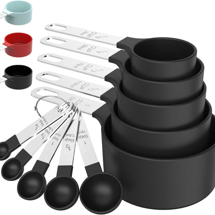 Black Measuring Cups & Spoons Set Stainless Steel Handle Stackable Baking
