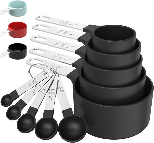 Black Measuring Cups & Spoons Set Stainless Steel Handle Stackable Baking