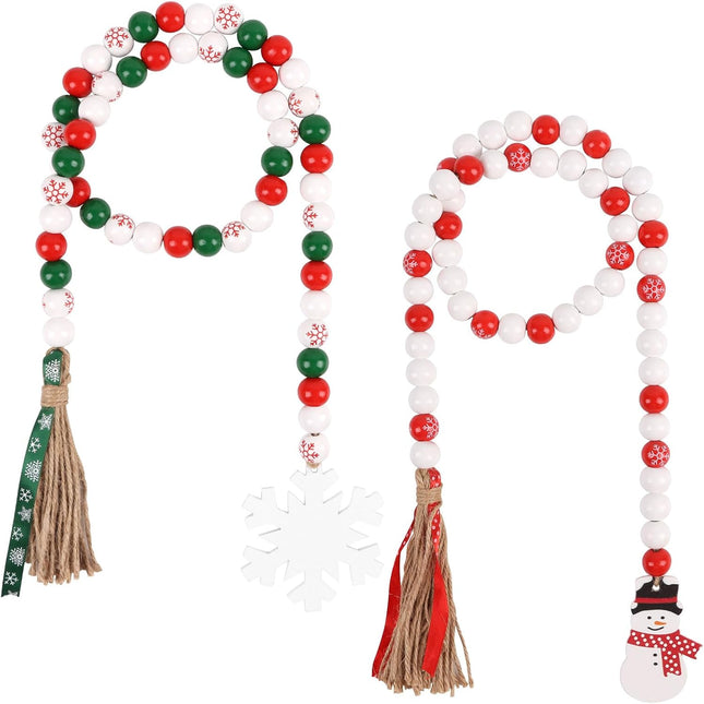 2 PCS Christmas Wooden Bead Garland – Red Green Beads with Snowman Tags