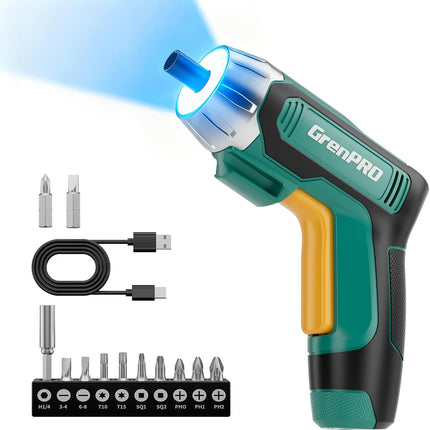4V Cordless Screwdriver Set – USB Rechargeable with 9 Bits and Bit Holder, Green