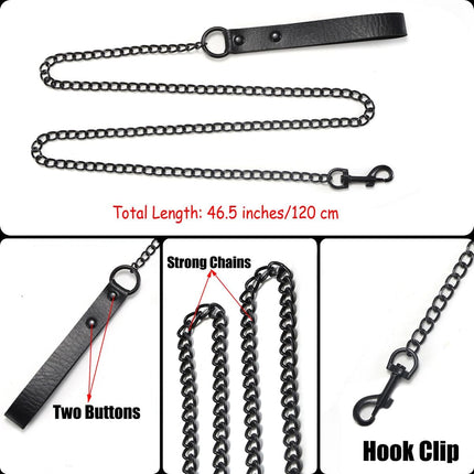 Gothic Black Pet Collar and Leash Set Leather Chain Punk Dog Accessory