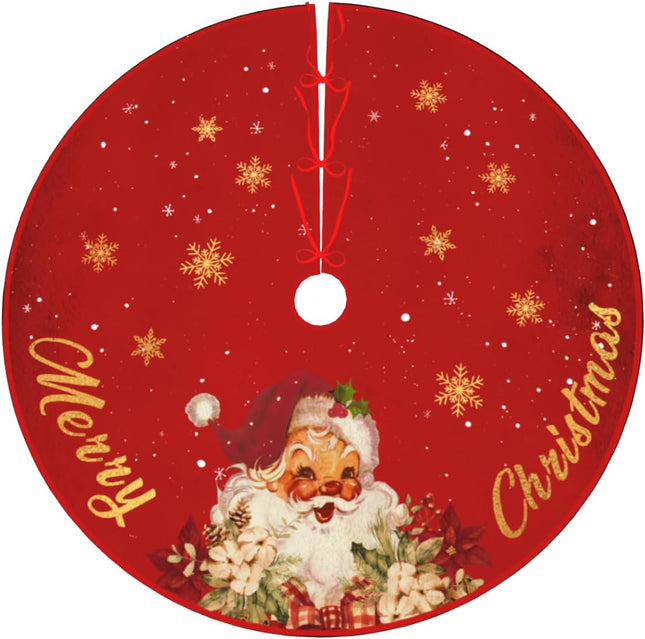 Red and Gold Christmas Tree Skirt Mat, 48 Inch Santa & Snowflake Design