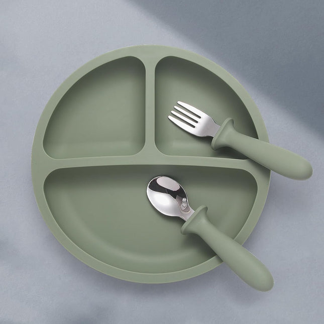 Baby Feeding Set – 2 Silicone Divided Suction Plates + 2 Spoons & Forks