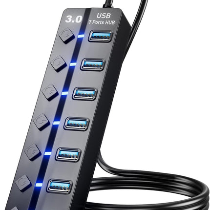 7 Port USB 3.0 Hub with 3FT Cable LED Switches for Laptop PC PS4 PS5