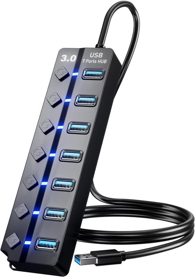 7 Port USB 3.0 Hub with 3FT Cable LED Switches for Laptop PC PS4 PS5