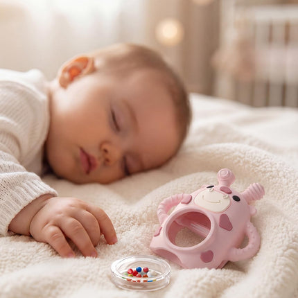 Baby Teether & Sensory Rattle Toy, Anti-Drop Hand Mitt, Teething Relief, Pink Cow