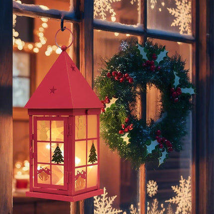 Christmas Lantern Decor 15" – Red Metal Candle Holder with Snowman & LED String