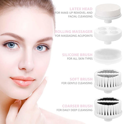 Waterproof Facial Cleansing Spin Brush Set 5 Exfoliating Heads Electric Face Scrubber