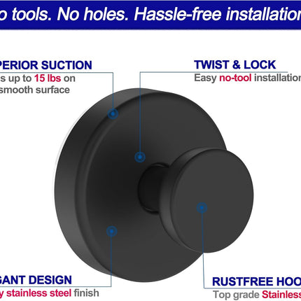 2 Pack Suction Cup Hooks for Shower Bathroom Towel Robe Hanging Black