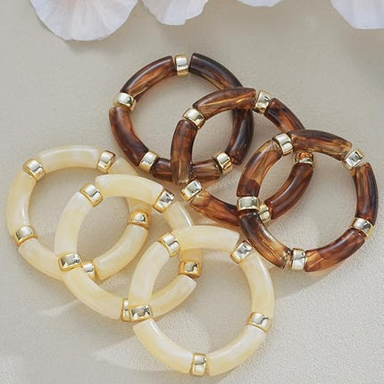 6pcs Chunky Acrylic Bangle Bracelets Brown Resin Stretch Stack Women