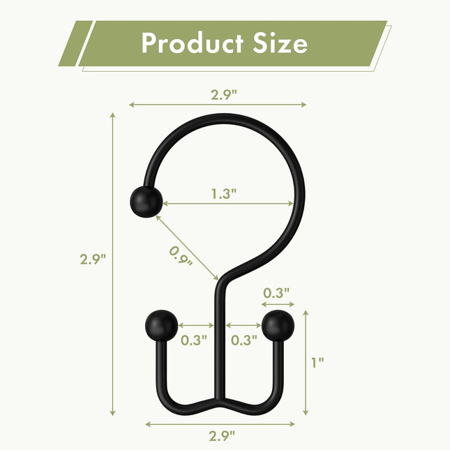 12PCS Black Shower Curtain Hooks Double Rust Resistant Metal Bathroom Rings