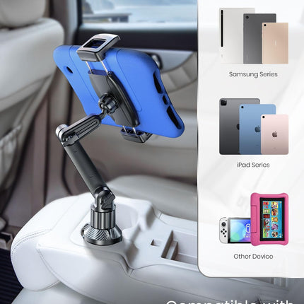 Tablet Holder for Car – iPad Cup Holder Mount, Adjustable 15" Height, 6"-12.9" Devices